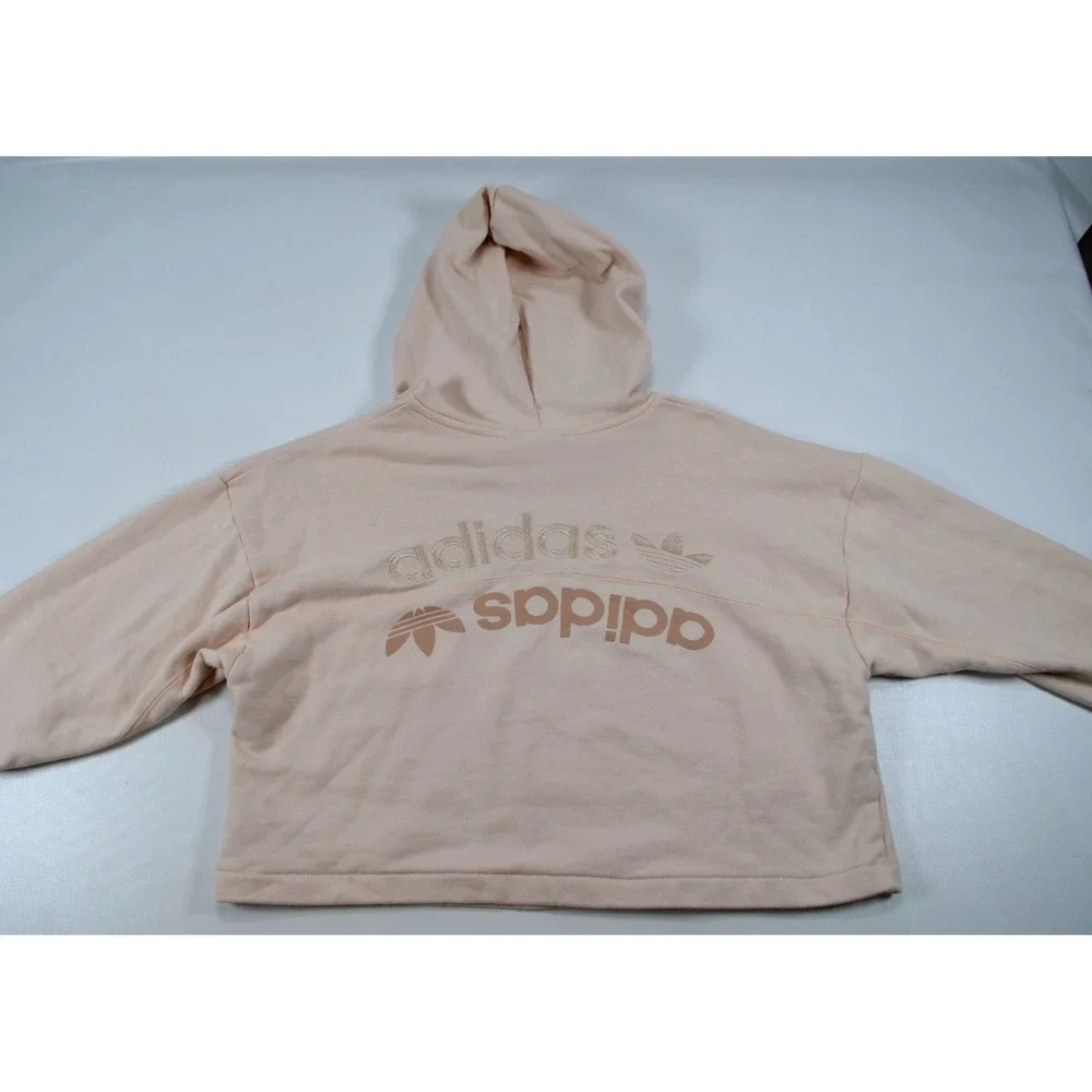 Adidas‎ Women's L Oversized Beige Cropped Hoodie Pullover Sweatshirt Logo